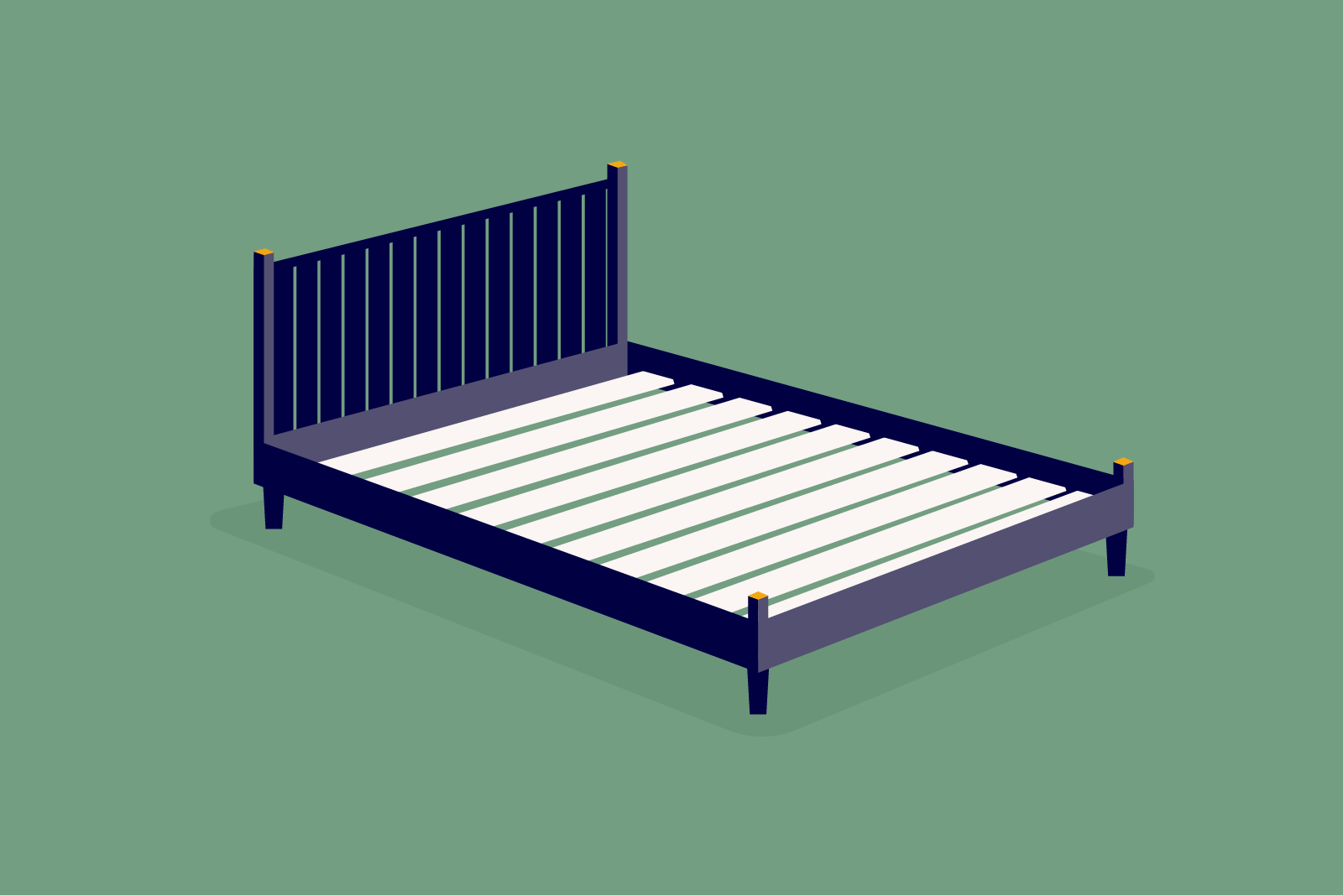 types of bed frames: illustration of a wooden bed frame on a green background