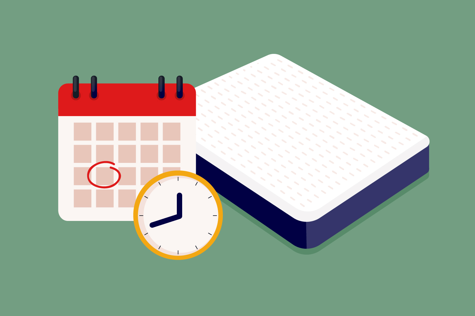 illustration showing a calendar clock and mattress representing the best time to buy a mattress in Canada