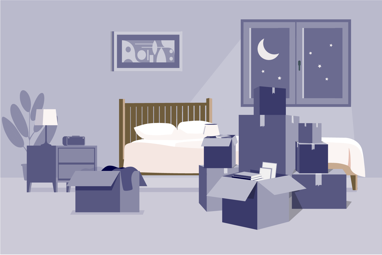 Hero image for How to Set up a Bedroom depicting a new home bedroom filled with moving boxes