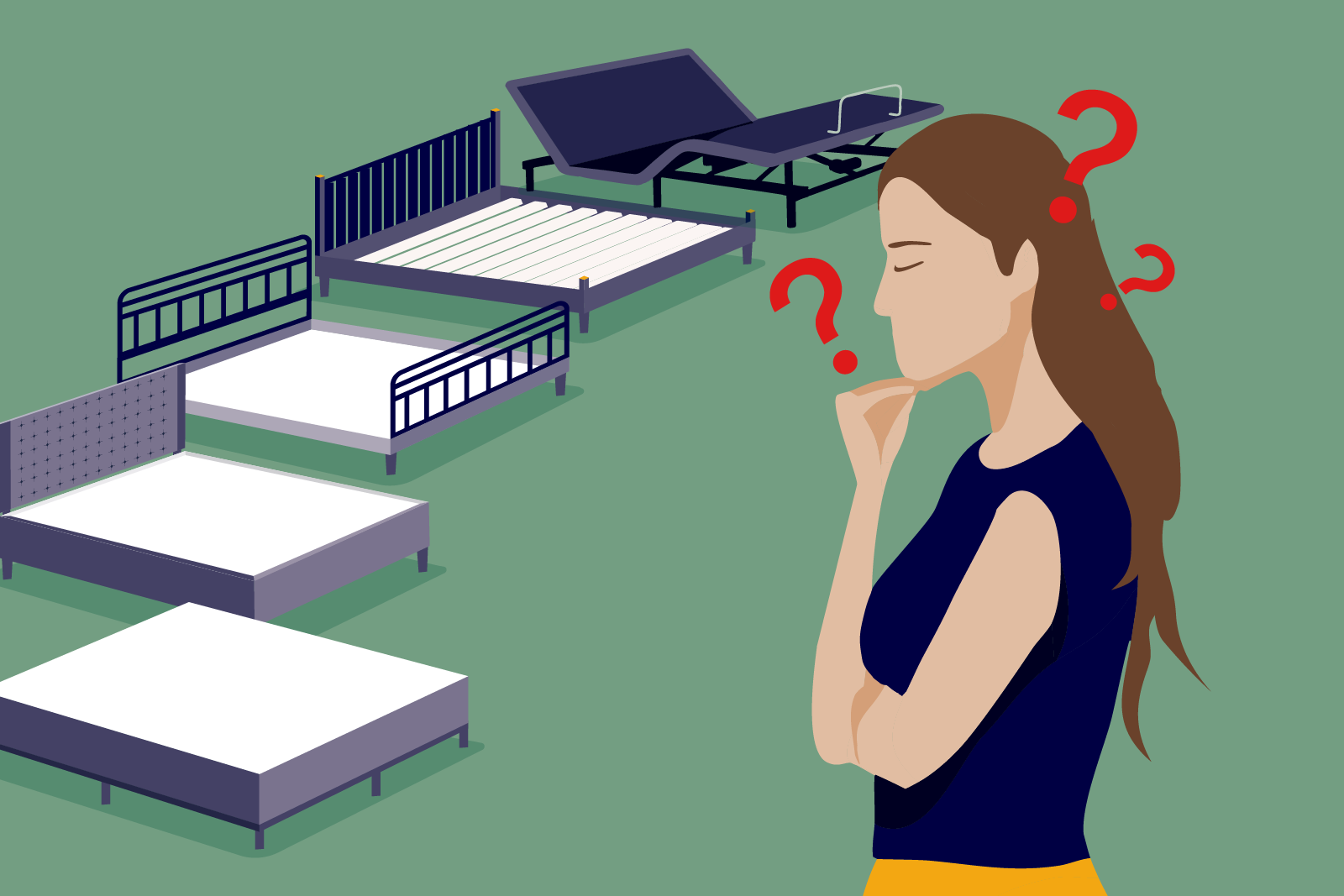 Featured image for How to Choose a Bed Frame article showing a woman contemplating different types of bed frames