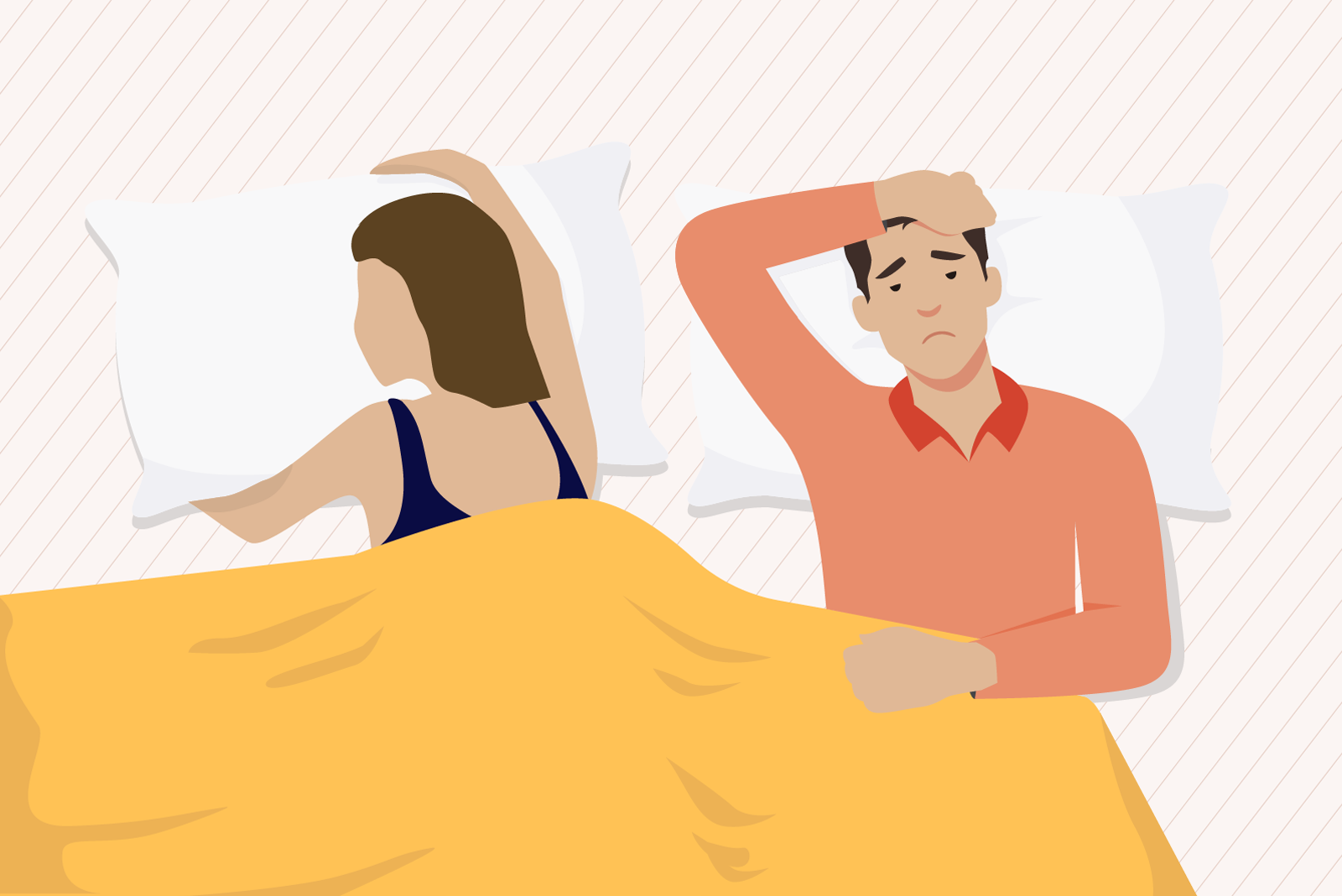 Hero image for How to Sleep Better as a Couple an illustration depicts one partner sleeping peacefully in bed while beside them their partner cant sleep