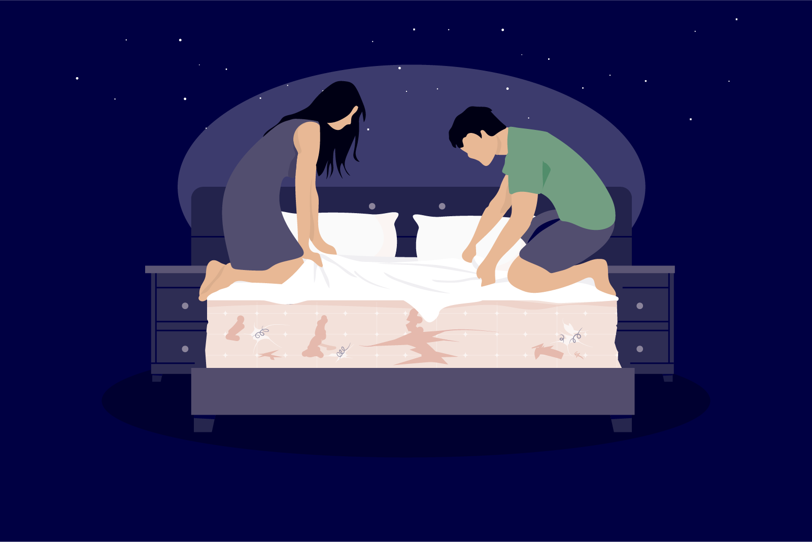 how long should a mattress last: illustration of a couple making the bed, showing the mattress with visible damage