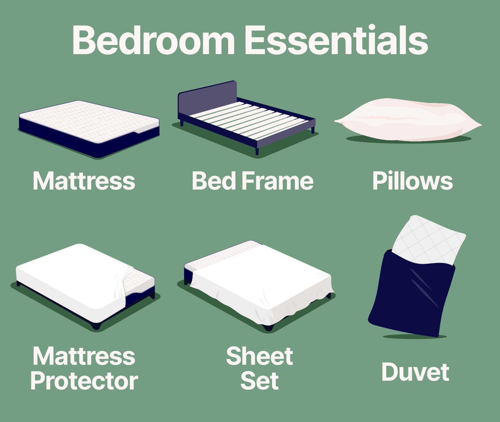 Illustration of different bedroom essentials on a green background including as a mattress bed frame pillows mattress protector sheet set and duvet
