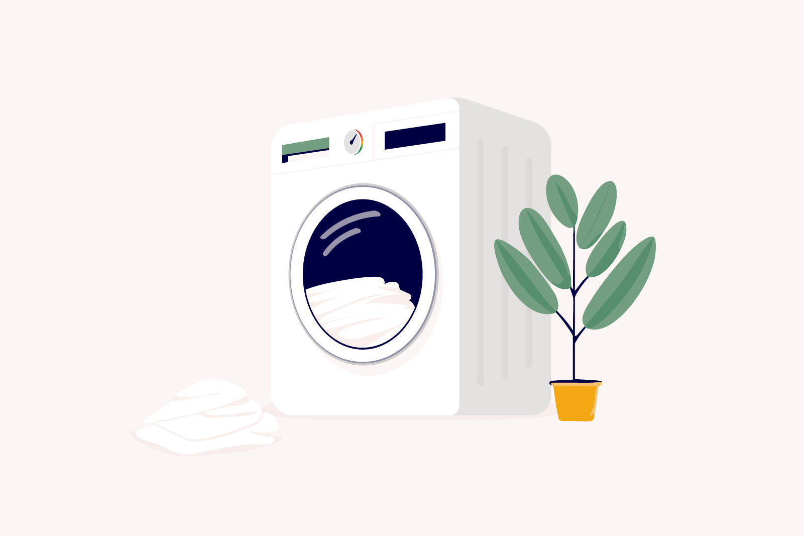 how to clean a mattress: illustration of a washing machine with a load of laundry inside and more on the floor