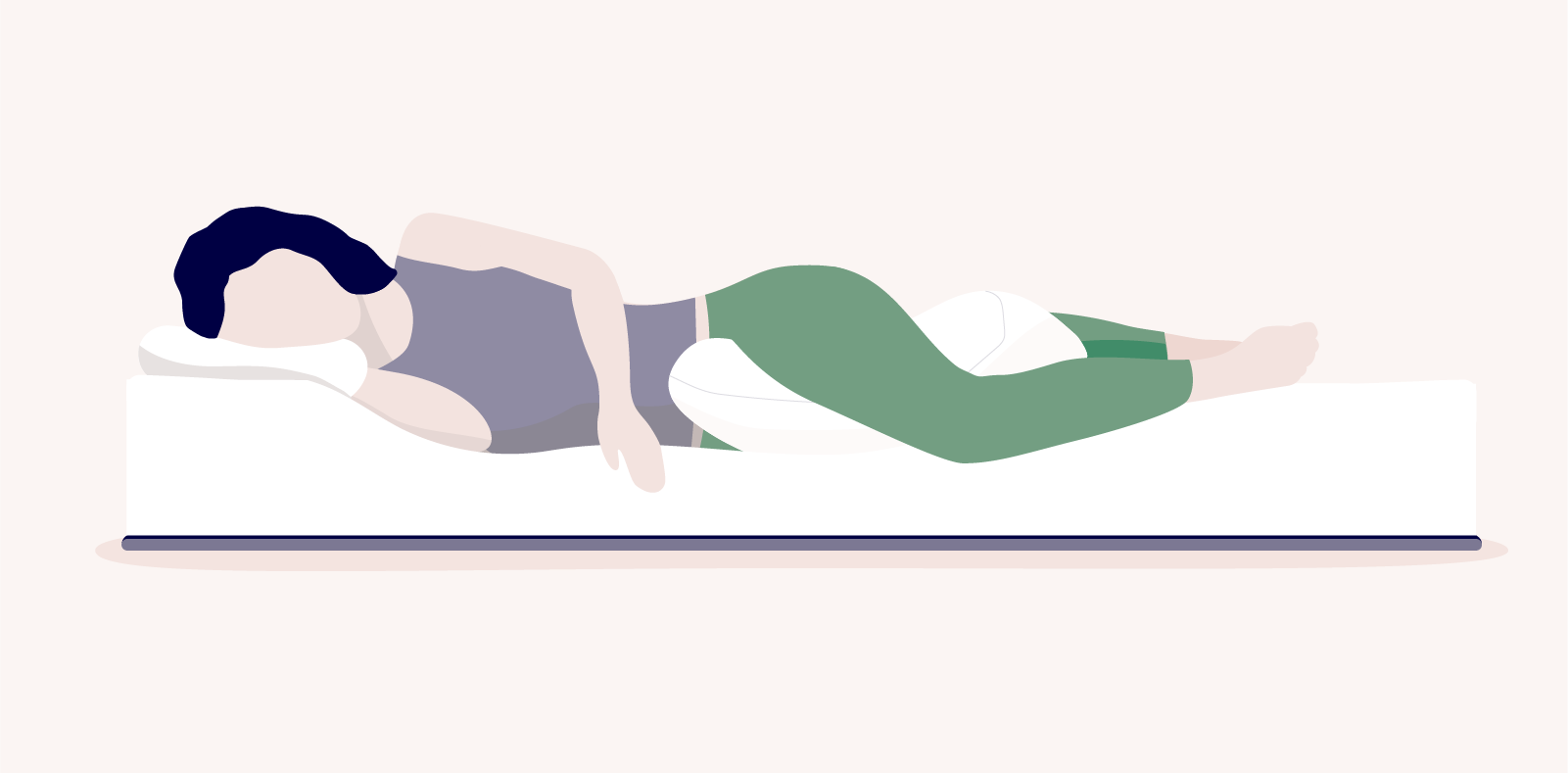 best sleeping positions for lower back pain: illustration of a woman laying on a bed on her side, with a pillow under her bed and one in between her knees
