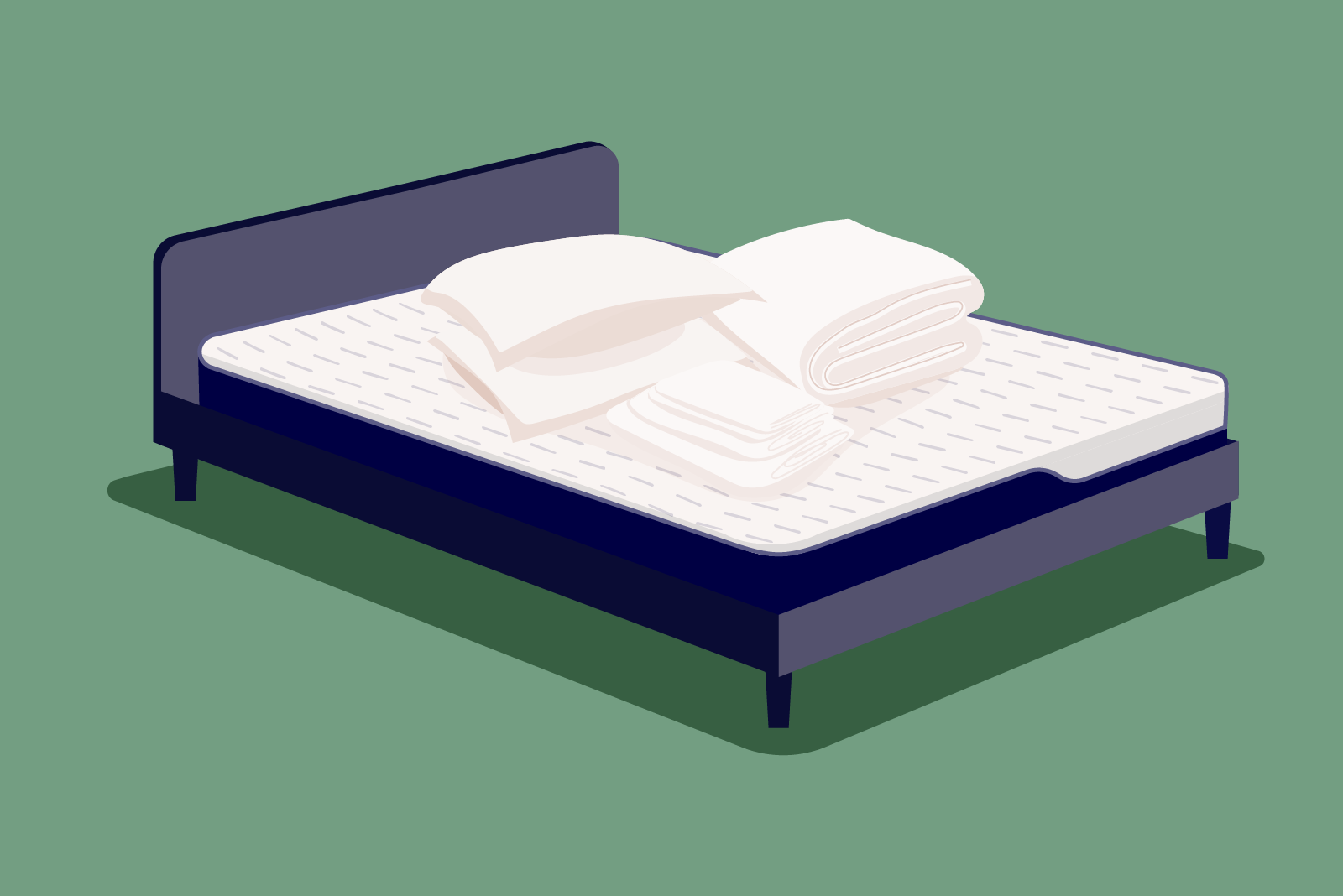 Illustration of a bedding bundle mattress and bed frame on a green background