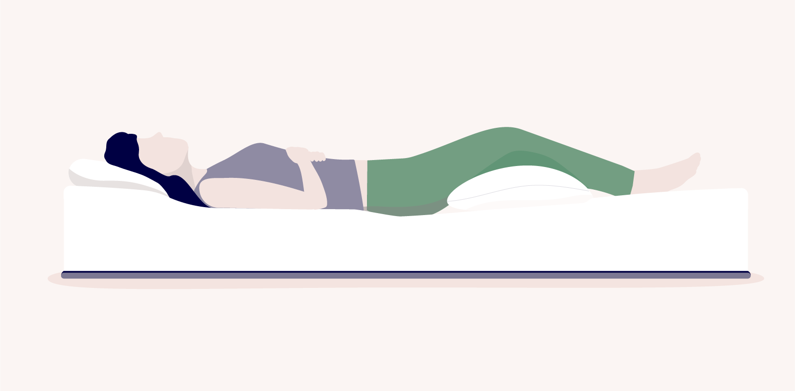 best sleeping positions for lower back pain: illustration of a woman laying down on a bed on her back with a pillow under her head and one under her knees