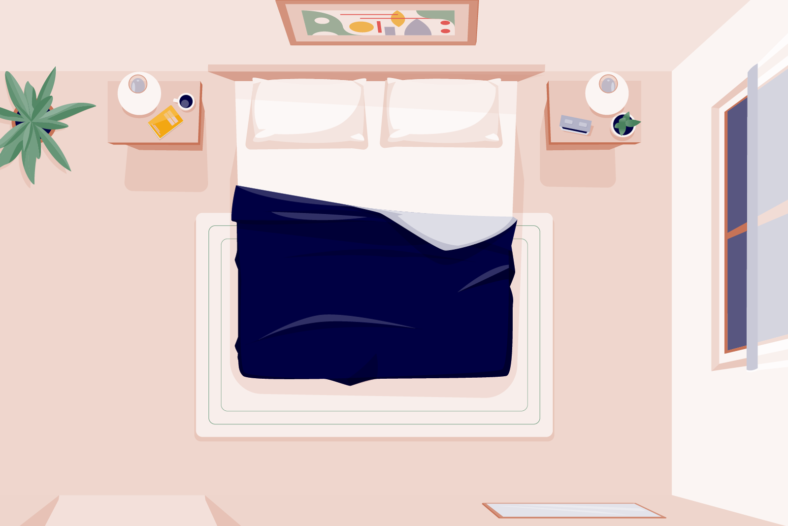 Illustration of a bedroom from the top down laid out with Feng Shui components