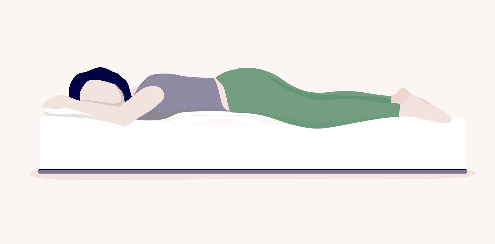best sleeping positions for lower back pain: illustration of a woman sleeping on her stomach with one pillow under her head and one under her pelvis