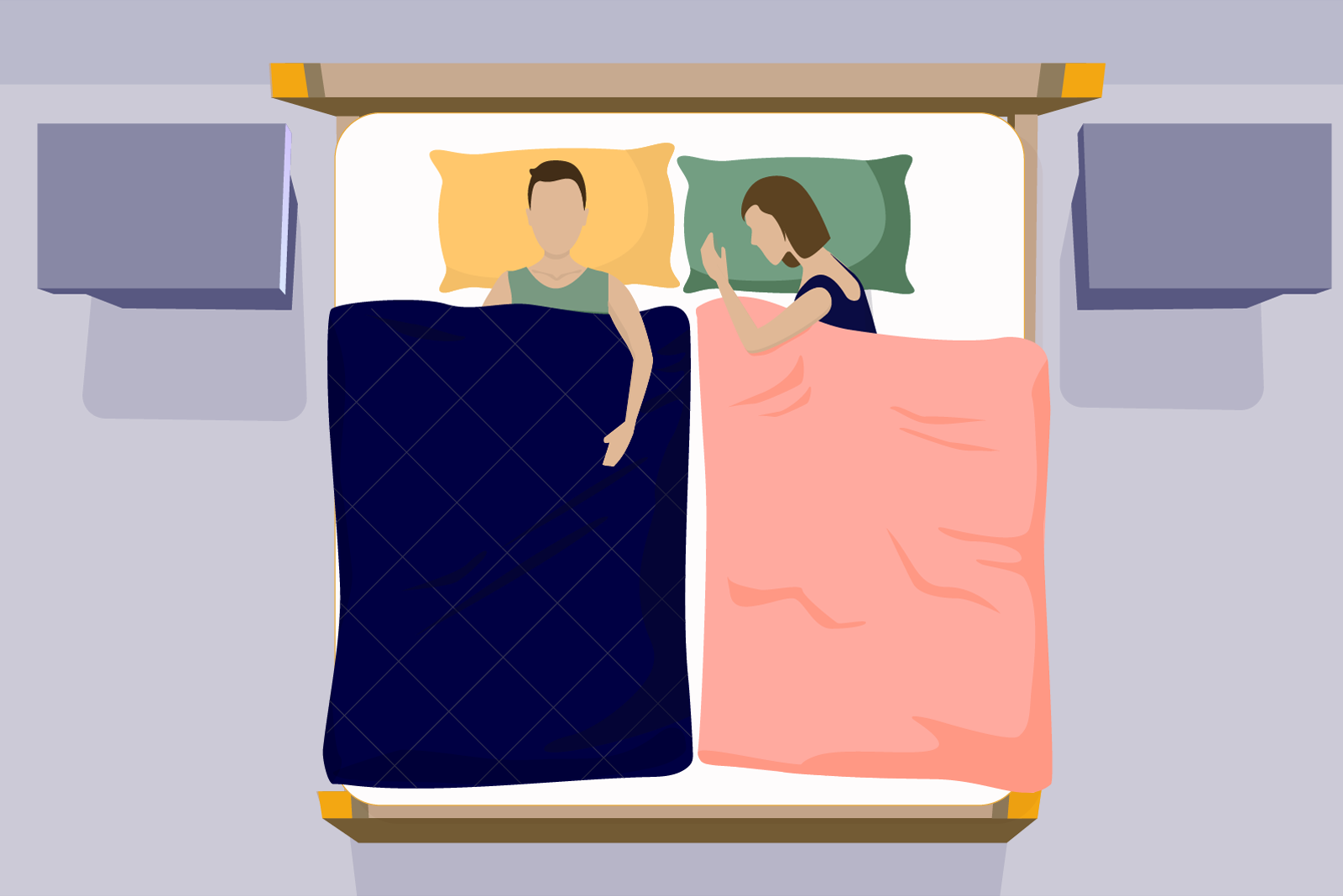 An illustration of a couple sharing a bed using the Scandinavian sleep method of having separate bedding from your partner
