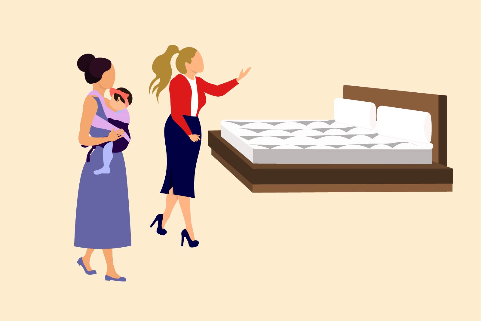why buy a mattress online vs in store: illustration of woman speaking to a sales representative in a mattress store