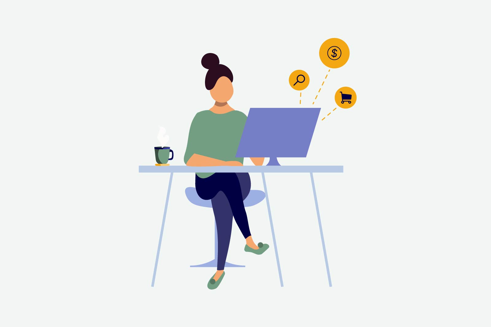 why buy a mattress online vs in store: illustration of woman using a computer at home