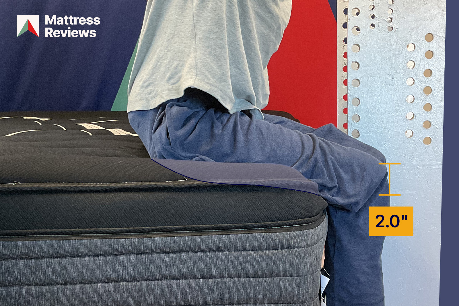 BeautyrestBlackPresidentialSuiteTest2EdgeSupport MattressReviewsca Mannequin sitting on the beautyrest black hotel presidential suite mattress displaying edge support score of 20 inches