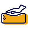 icon showing a hand pressing down on a soft surface, in yellow outlined in blue