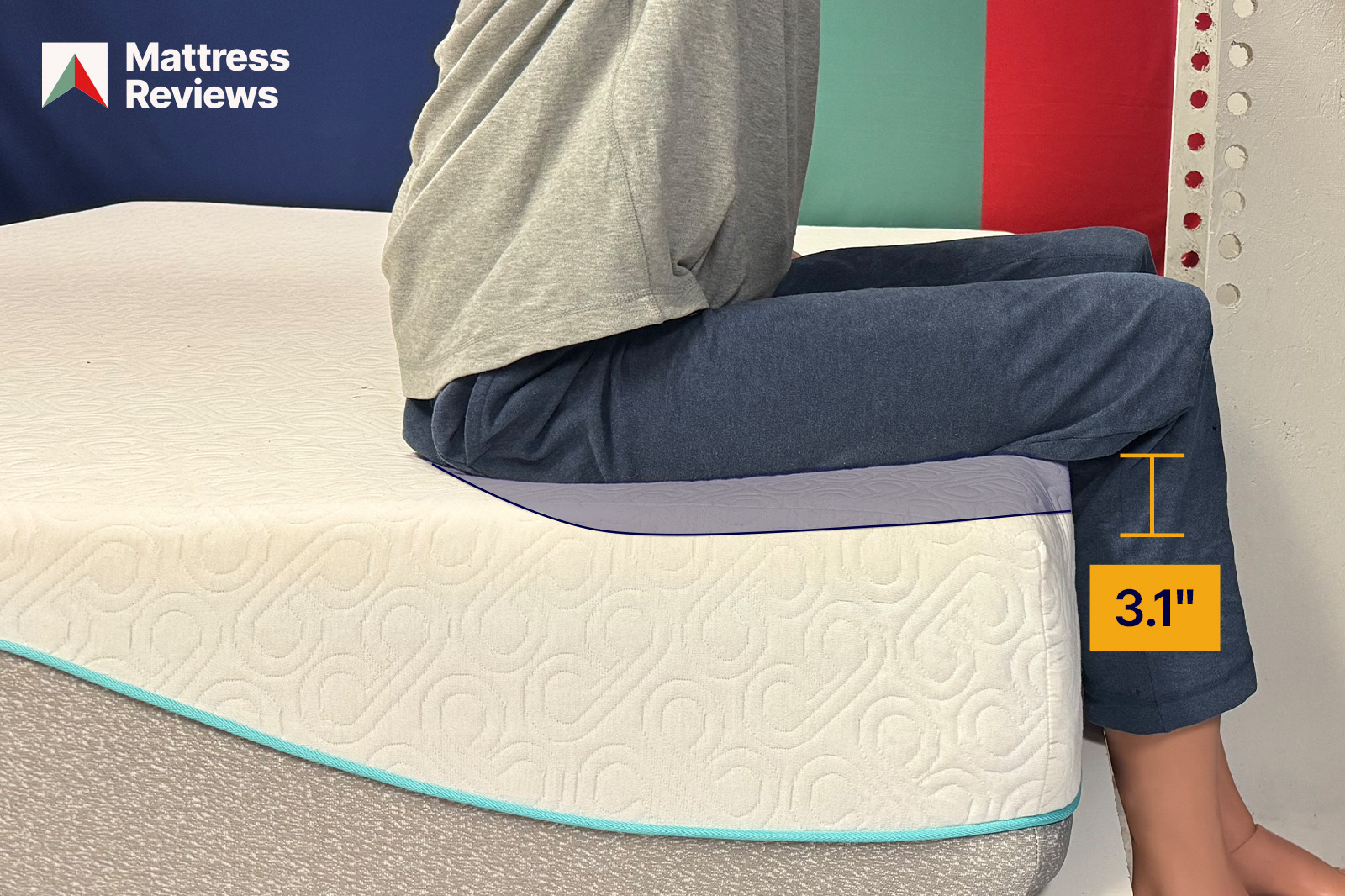 BloomCloudTest2EdgeSupport MattressReviewsca Mannequin sitting on a The Bloom Cloud mattress showing a 31