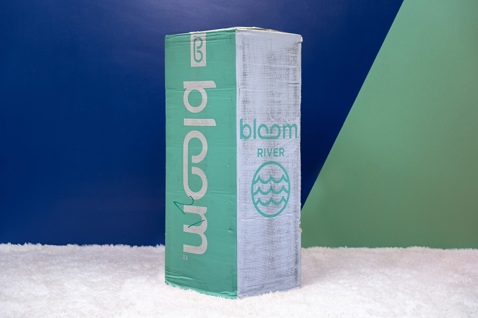 Bloom River mattress delivery box on a white carpet in a room