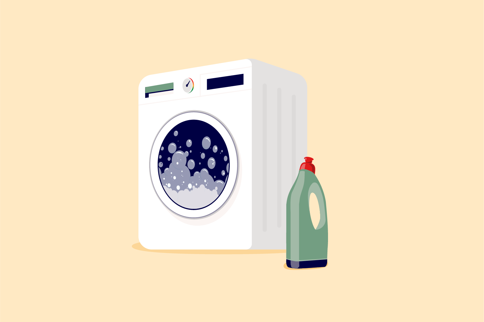 illustration of a washing machine and a bottle of detergent, showing how to wash a mattress protector