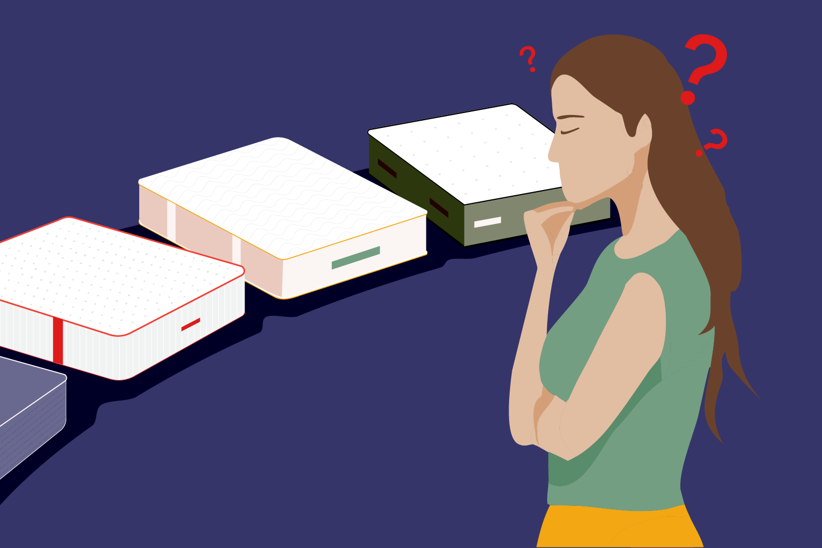 how to choose a mattress: illustration of a woman choosing between different mattresses