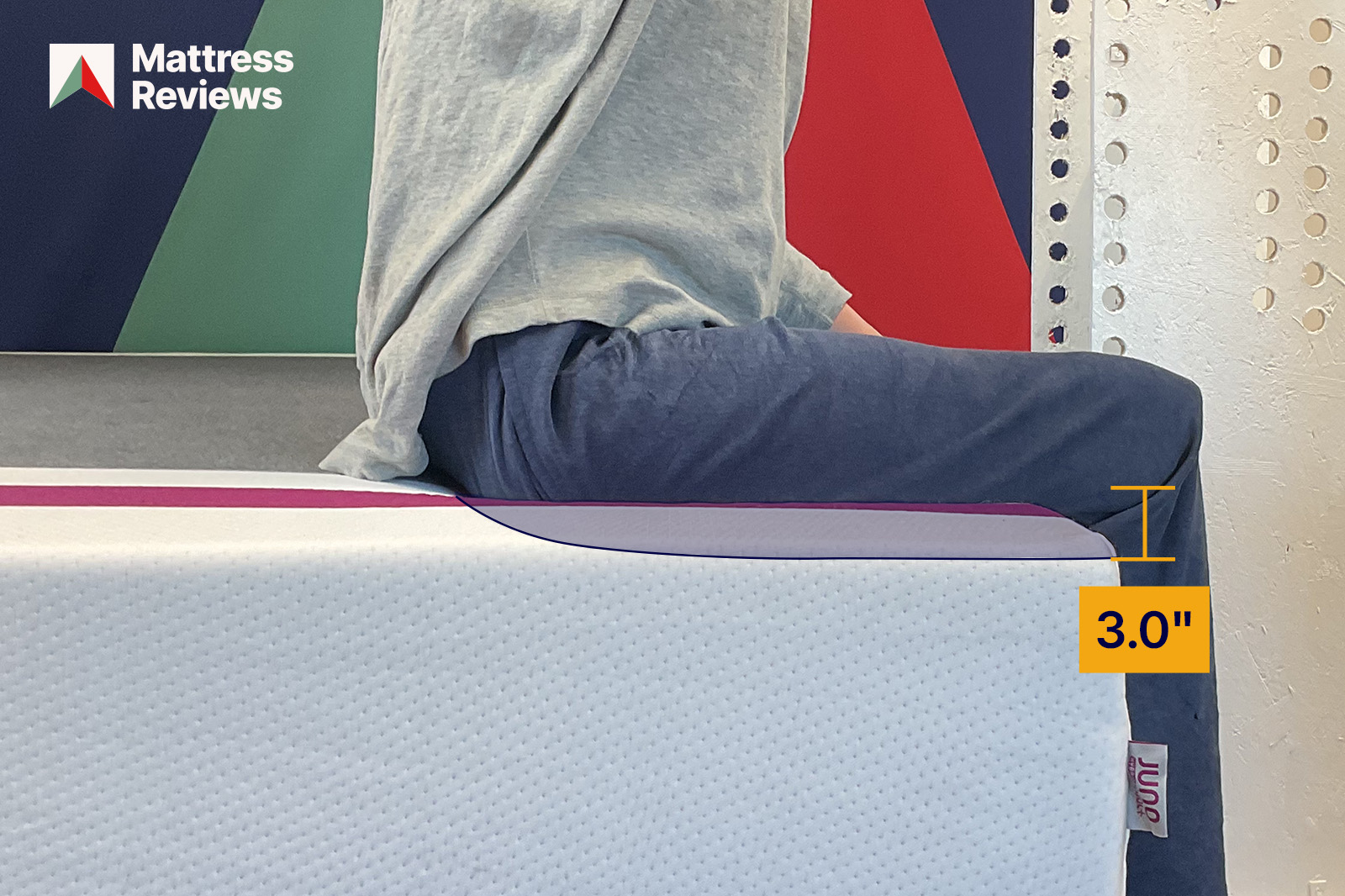 Image of a mannequin sitting on the edge of a Juno Hybrid mattress showing 30 deflection