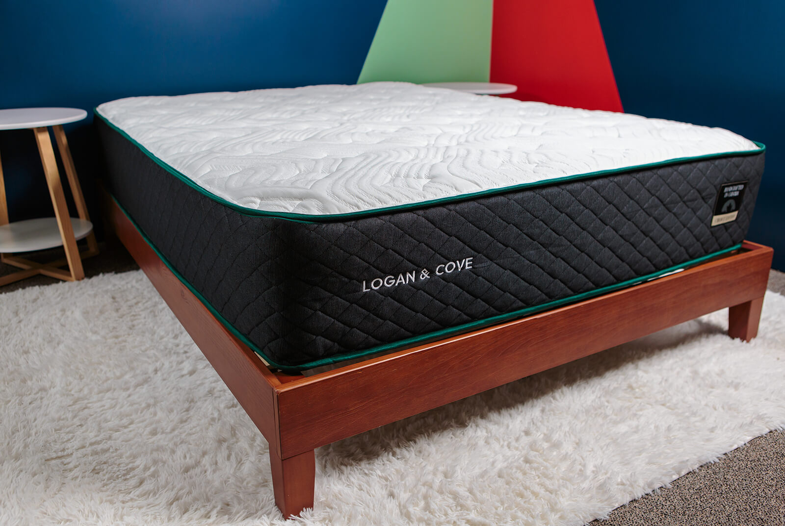 Logan and Cove Choice Hybrid Mattress Review | Mattress Outside Corner MattressReviewsca Photo of the Logan and Cove Choice Hybrid Mattress on a bedframe in a bedroom taken from a corner angle