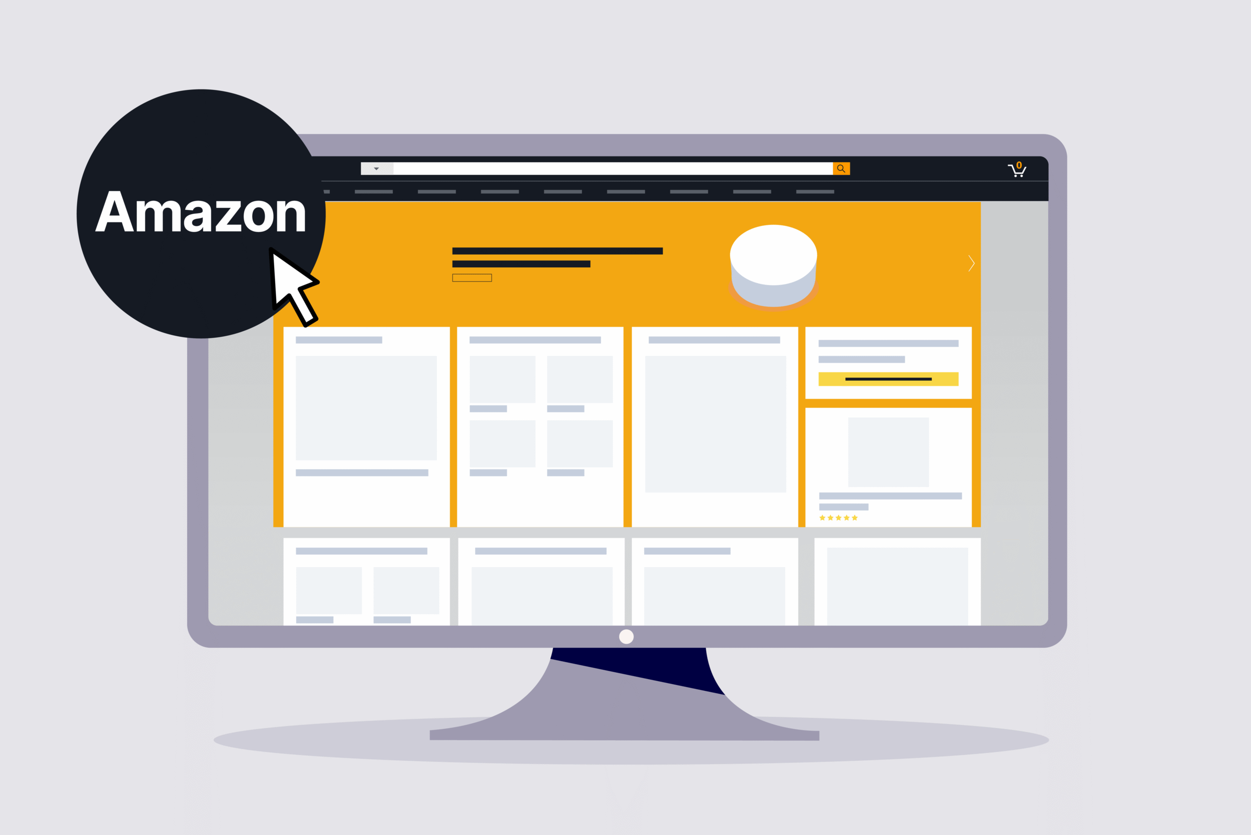 graphic of a computer screen with a Amazon badge on it to depict shopping on Amazon