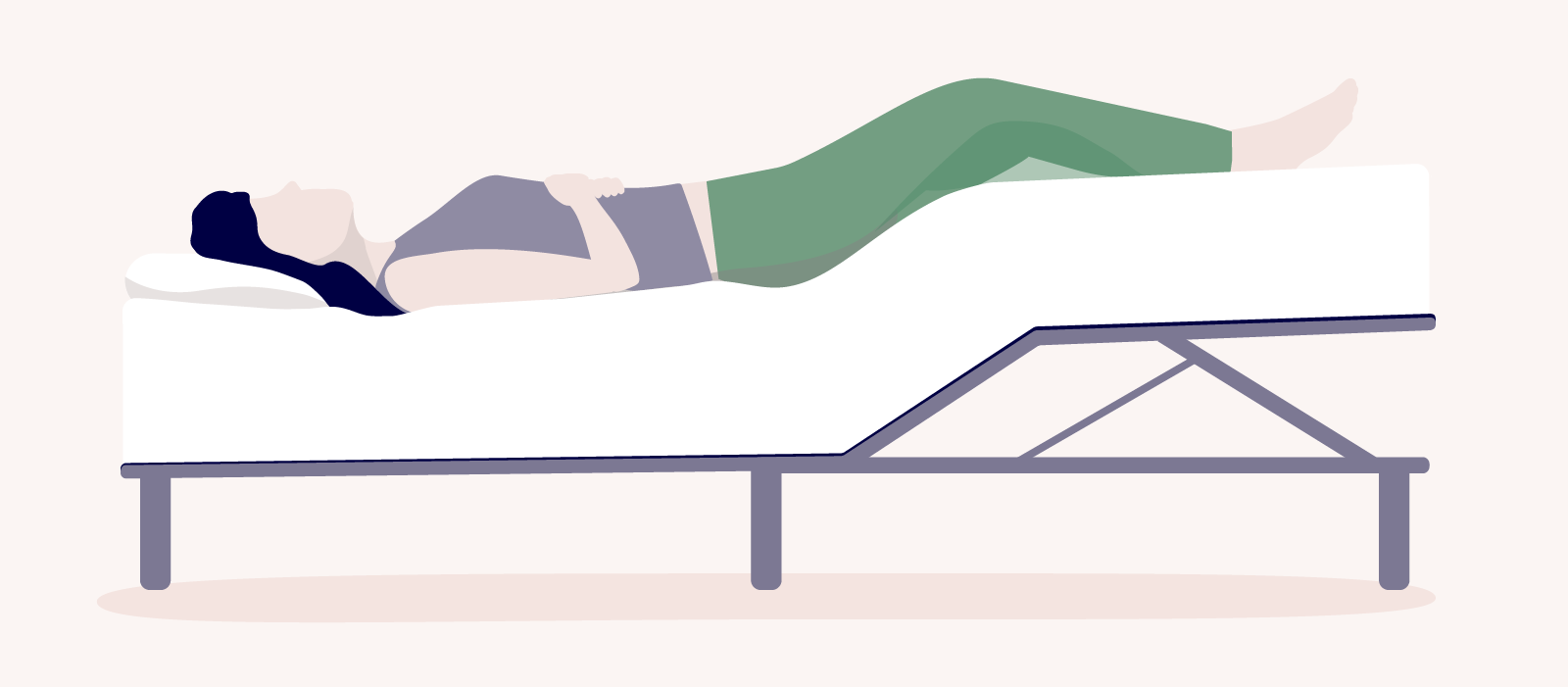 best sleeping position for peripheral artery disease: illustration of woman lying on her back on an adjustable bed with her legs elevated