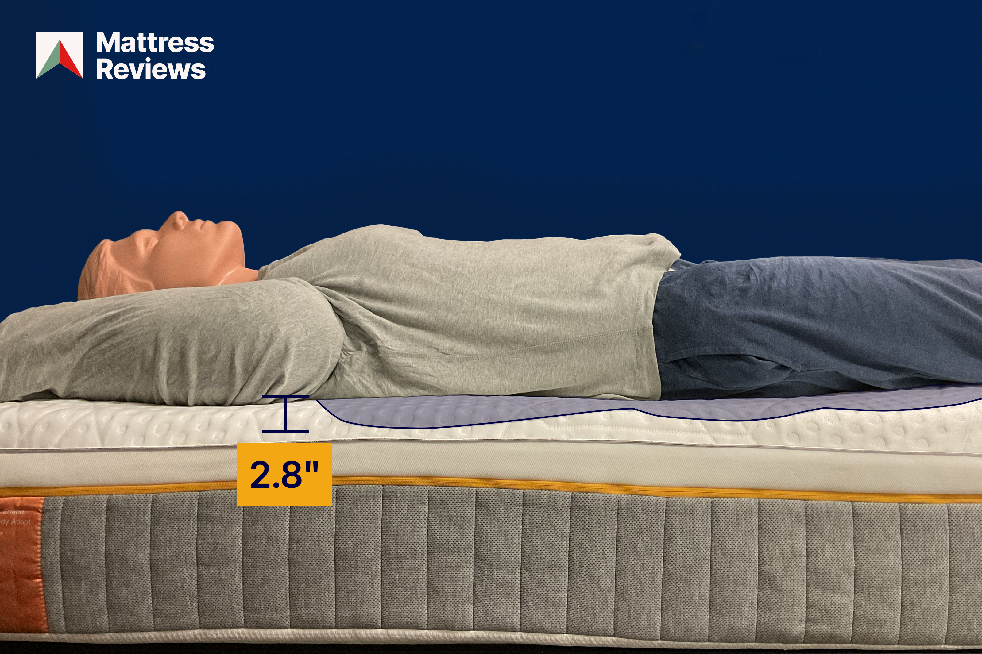 Mannequin laying down on the Emma Body Adapt mattress with a 28