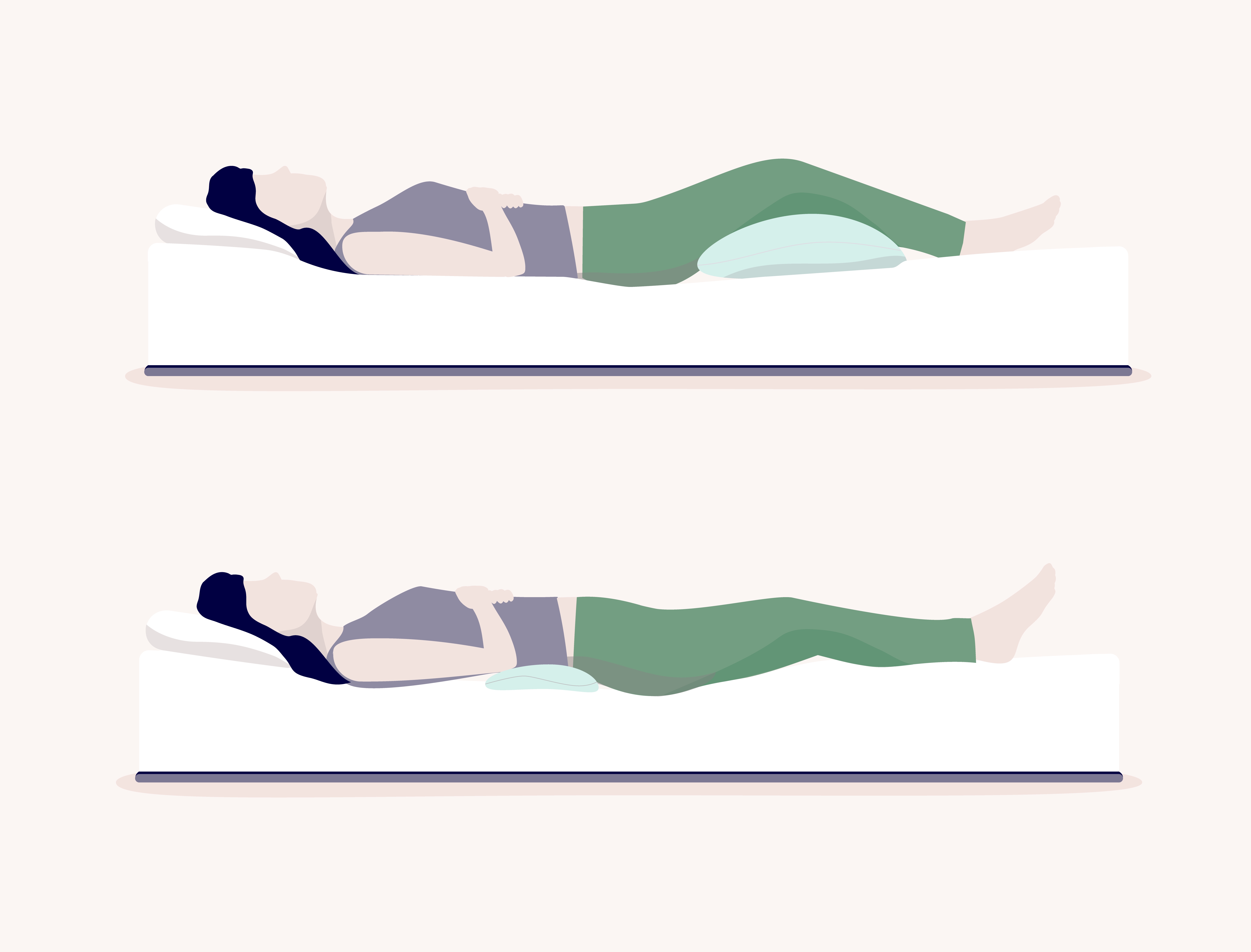 a split visual showcasing a back sleeper with pillow under knees and of a back sleeper with pillow under lower back