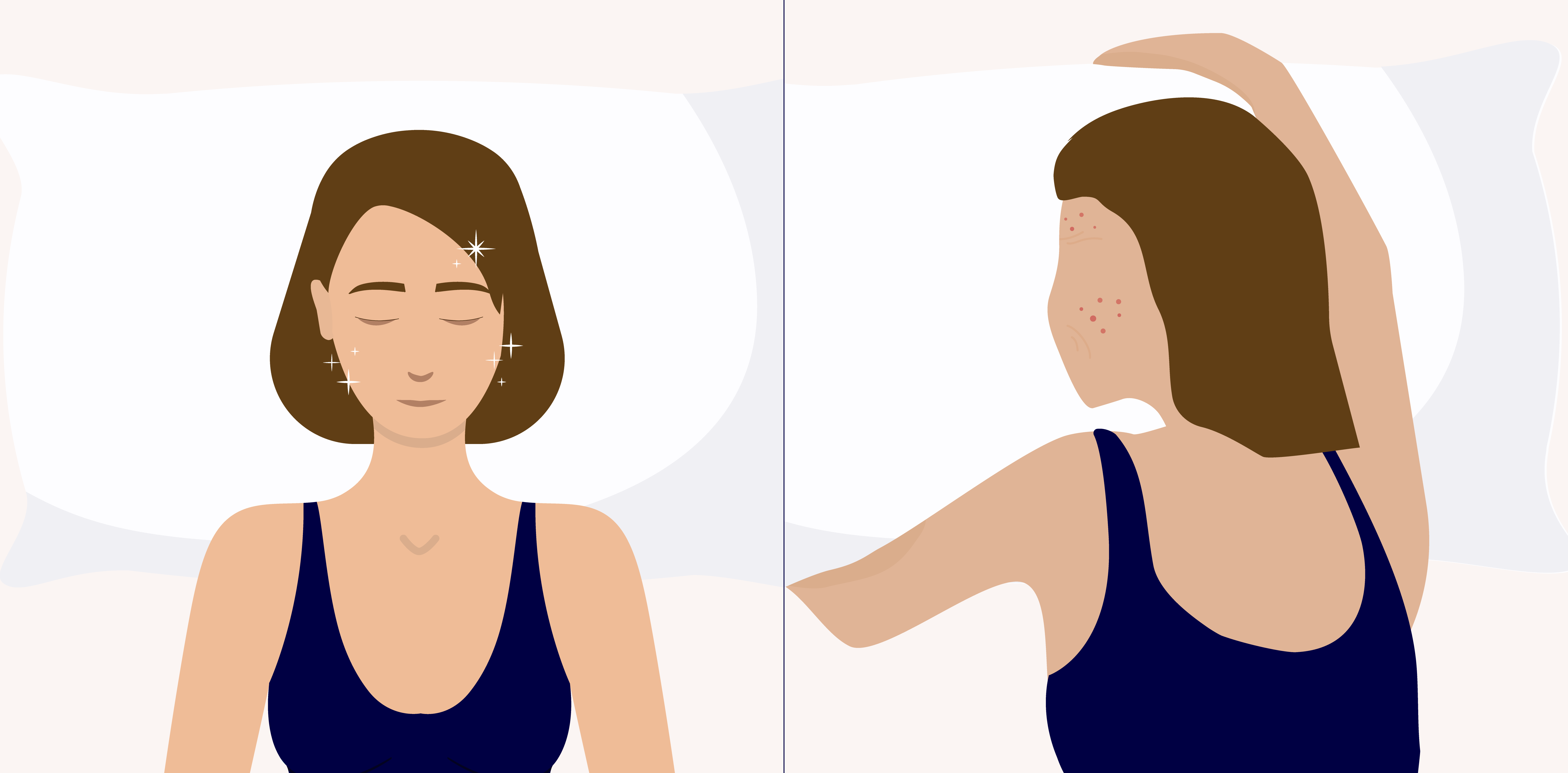 a split graphic of a woman sleeping on their back vs sleeping on their stomach The visual showcases the impact of your face touching the pillow on your skin