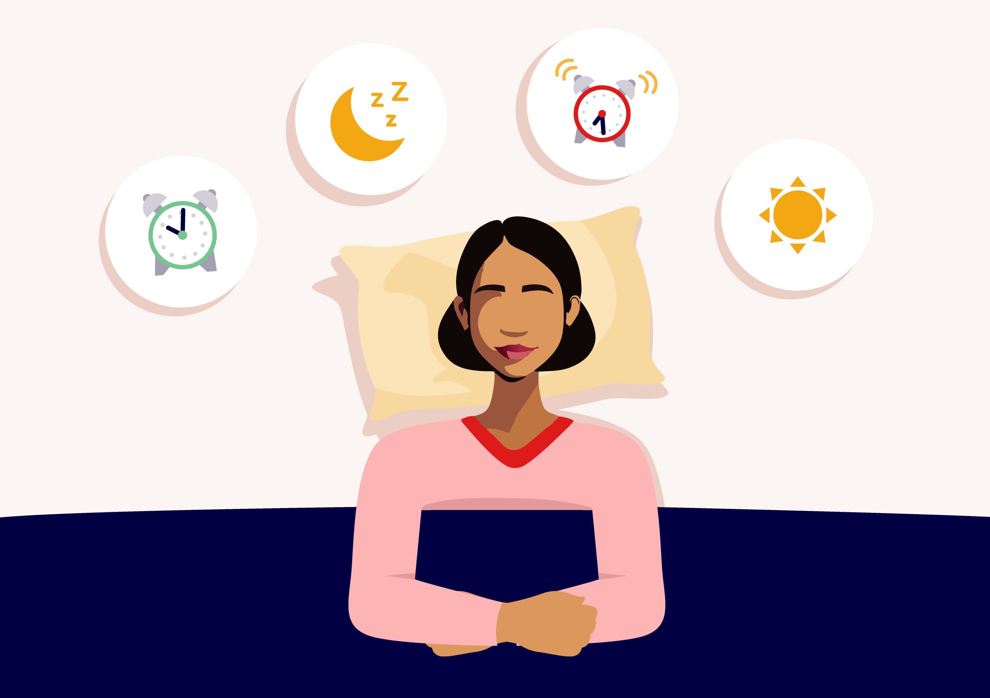 Hero image for the Sleep Calculator article featuring an illustration of a person lying in bed with images of alarms a sun and a moon above their head