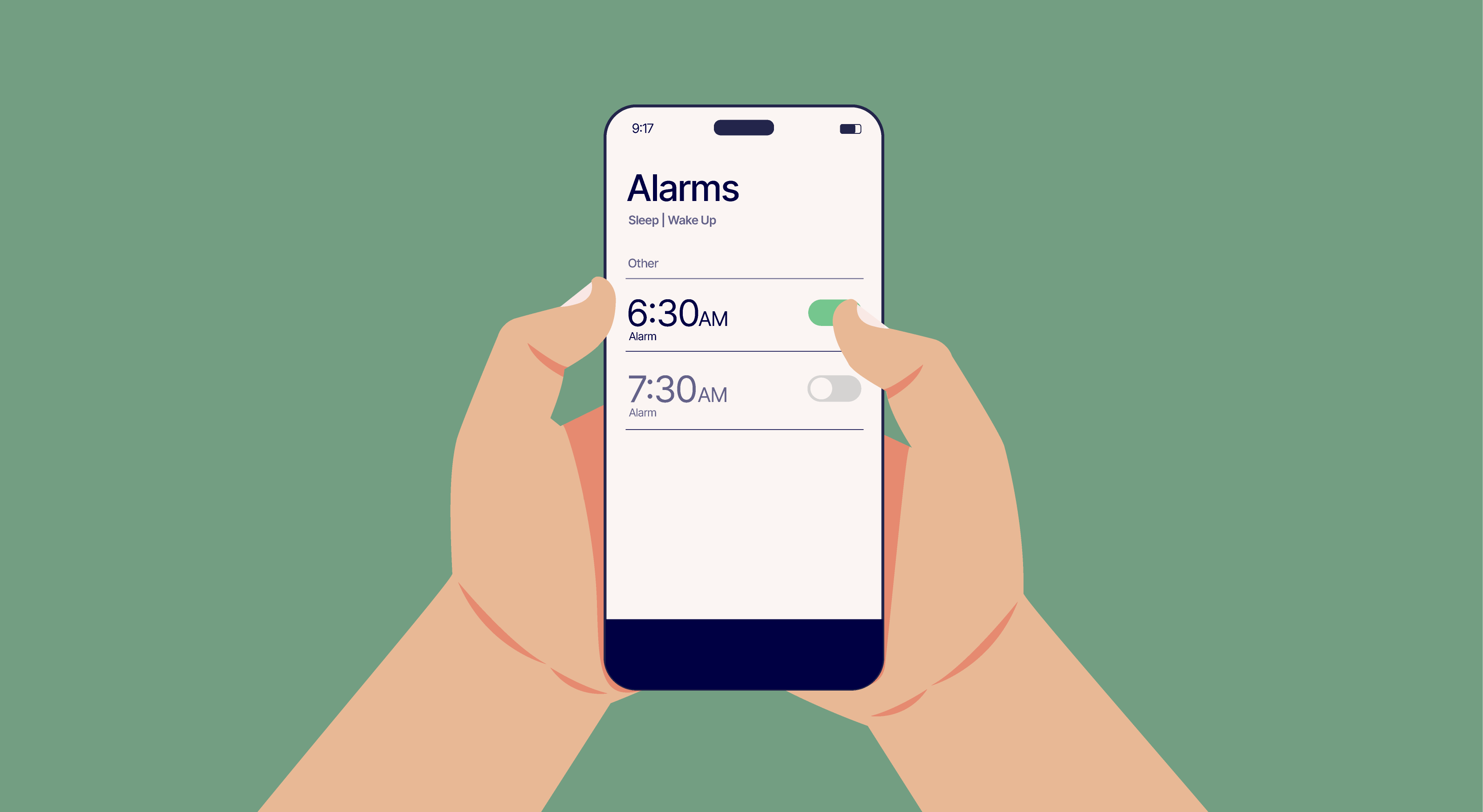 MRSleepCalculator03SettingAlarm MattressReviewsca Illustration of a person setting a 630am alarm on their phone