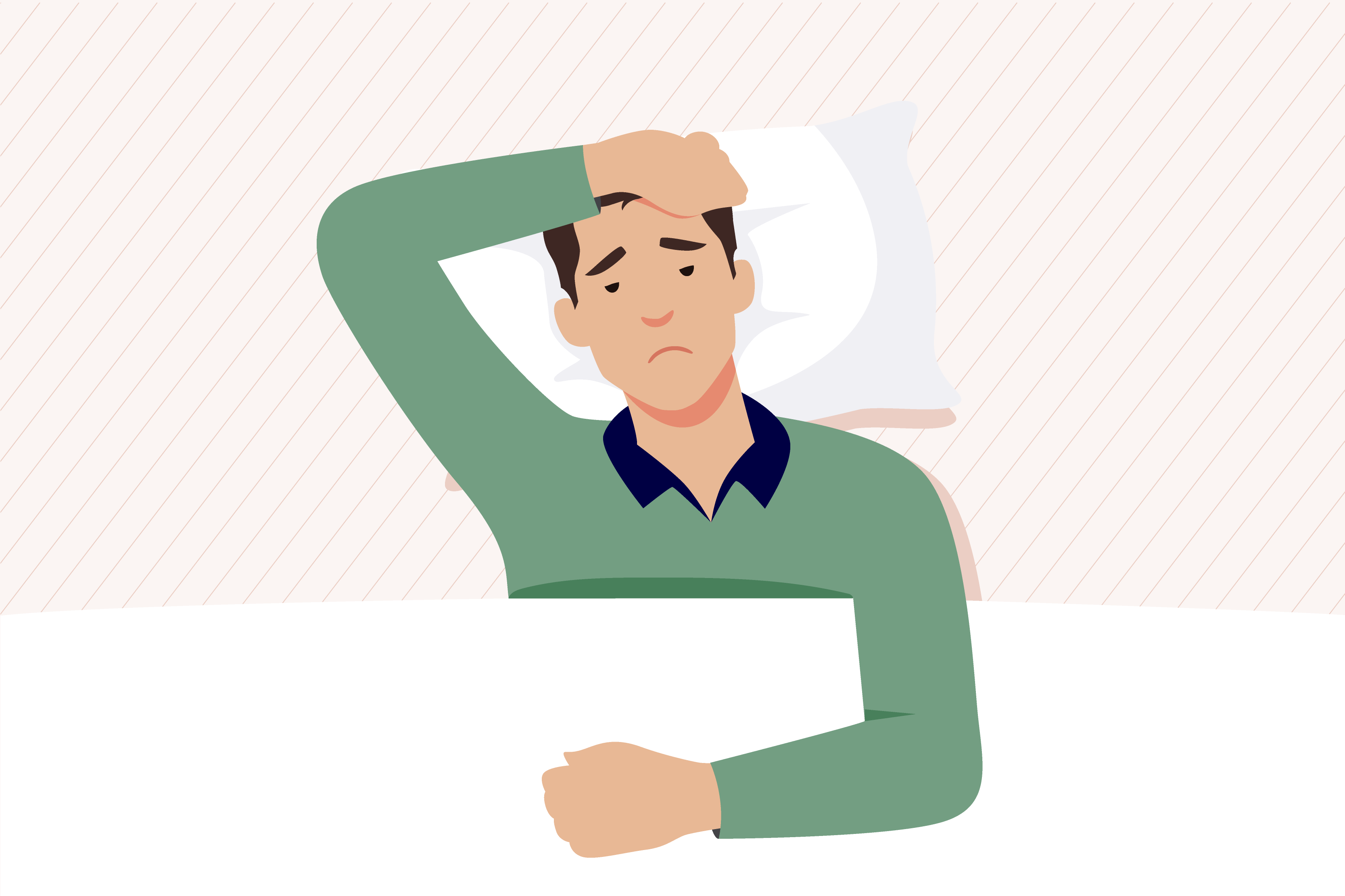 MRSleepCalculator06SleepDeprivation MattressReviewsca Illustration of a person lying in bed looking unhappy as they are struggling to sleep