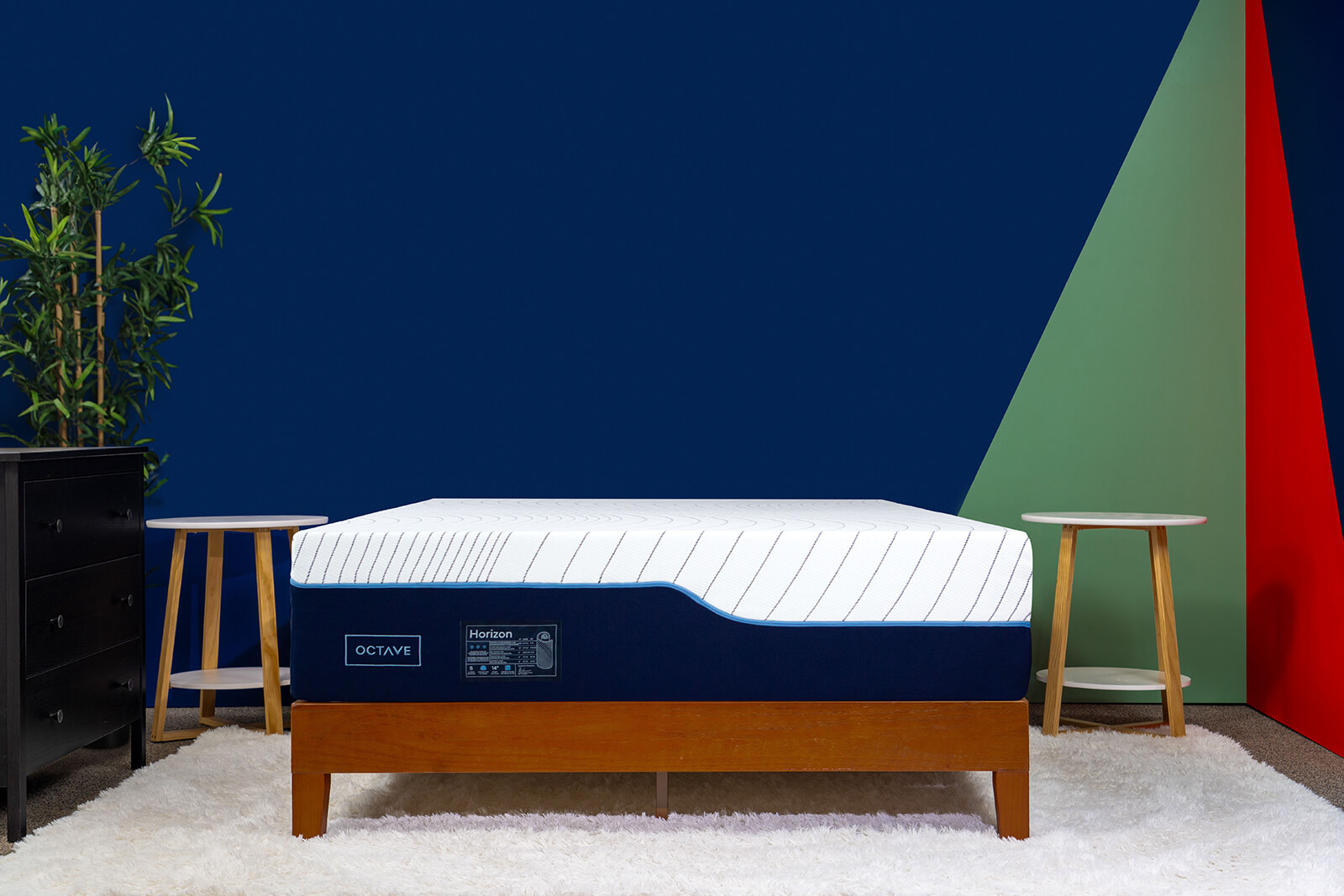 Octave Horizon Mattress Review MattressReviewsca Distant photo of the Octave Horizon Mattress on a bedframe in a bedroom taken from a front angle