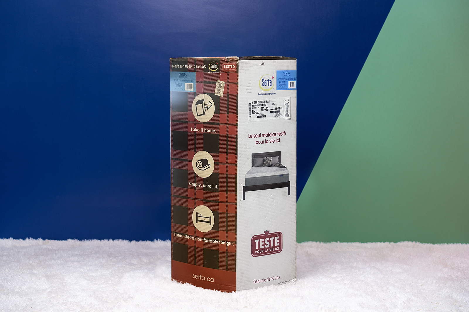 SertaChinookBox MattressReviewsca photo showing Serta Chinook mattress box on a white carpet