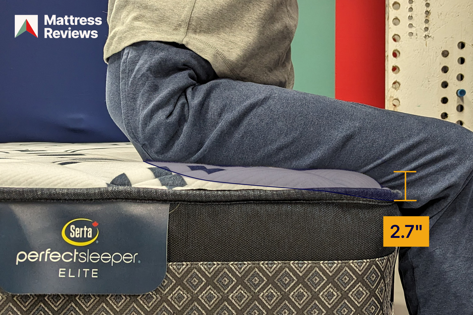 photo of a mannequin sitting on the edge of a Serta Perfect Sleeper Elite Percevall mattress, showing 2.7