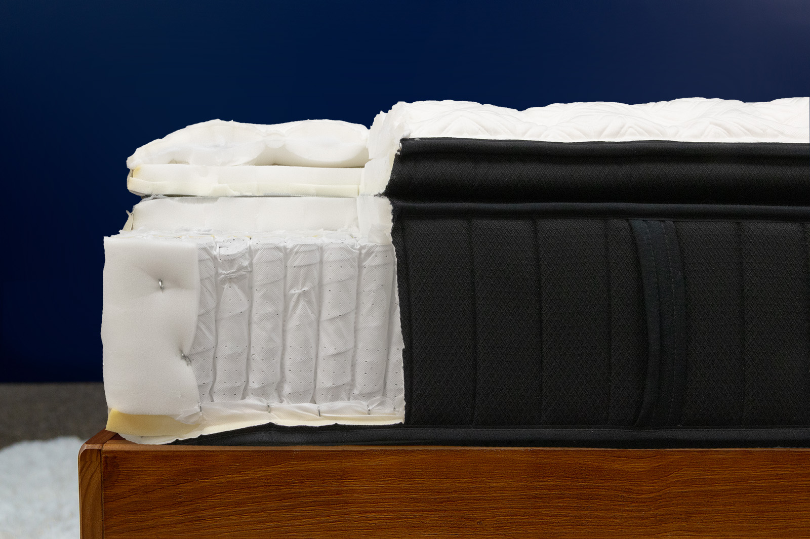 StearnFosterLakeridgeInternalsSide MattressReviewsca photo showing a side view of the internal layers of the Stearns Foster mattress
