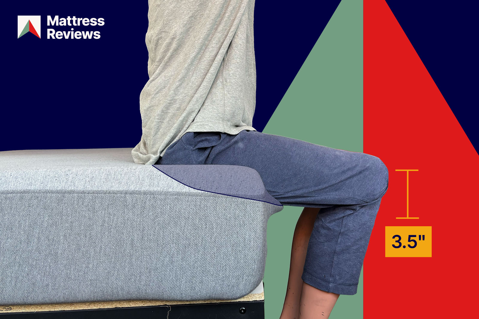 Mannequin sitting on the casper mattress displaying edge support score of 35 inches