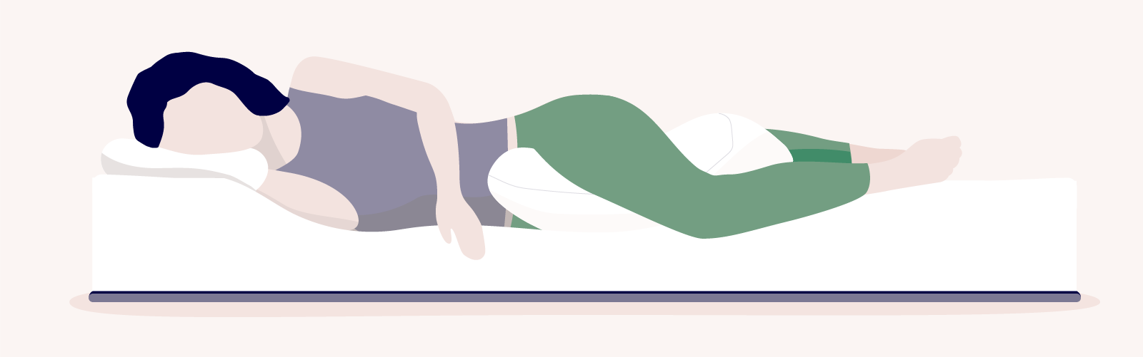 best sleeping position for peripheral artery disease: illustration of woman lying on her side on a mattress with a pillow beneath her knees
